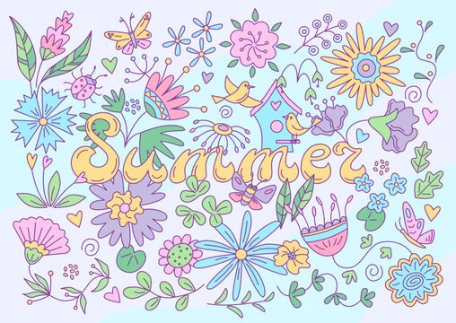 Summer floral card with butterflies and birds. Vector color illustration in doodle style.