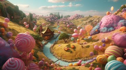 Cute colorful fantasy candy landscape with many sweets and big lollipop