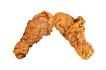 Two of Mouthwatering Crispy Fried Chicken Drumsticks Clinking on Transparent Backdrop, PNG file