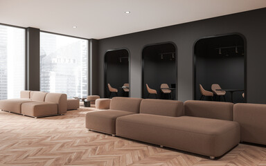 Dark office interior with relax and meeting corner, panoramic window