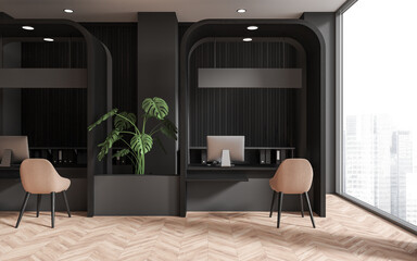 Gray and wooden bank work zone interior