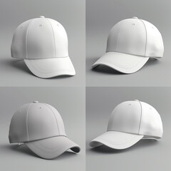 Realistic back front and side view white baseball cap isolated on white background