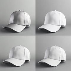 Set of White baseball cap indifferent side angles views isolated on gray background. Mock up