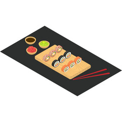 Isometric sushi set on the cutting board with sause. Vector. 