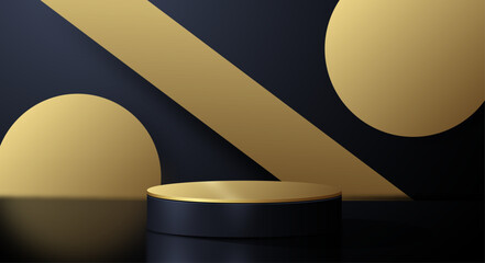 Realistic 3d cylinder pedestal podium. Abstract vector rendering geometric gplden forms. Pastel minimal scene. Stage for showcase, Product display