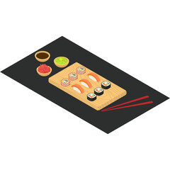 Isometric sushi set on the cutting board with sause. Vector. 