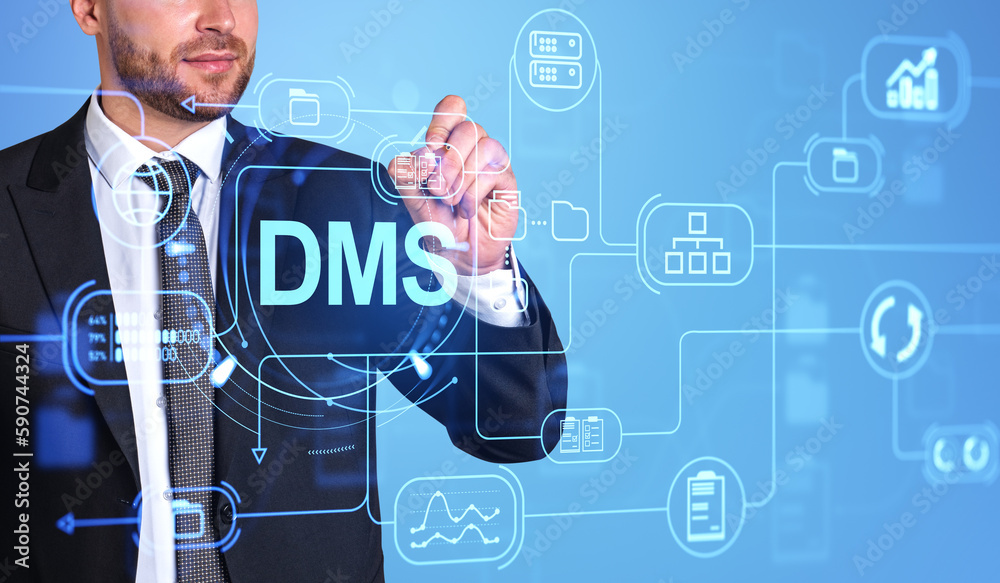 Poster businessman working in document management system, database and storage