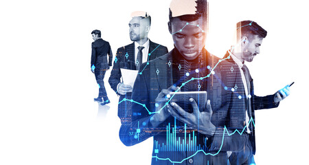 Diverse business team in city, financial graph