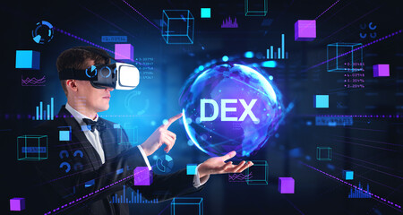 Businessman in vr glasses, DEX and earth sphere hologram with blockchain