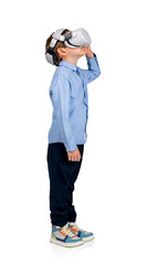 School boy standing with vr glasses headset, isolated over white