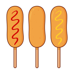 Corn dogs with ketchup and mustard. Sausage in dough on a stick with and without condiments. Cute Asian food set. Flat cartoon vector.