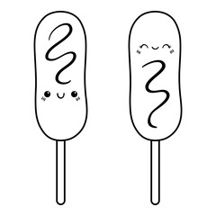Two kawaii corn dogs. Adorable smiling character. Sausage in dough on a stick with condiments - ketchup and mustard. Outline icon.