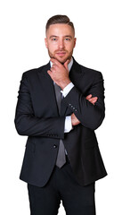 Businessman with hand to chin, pensive portrait isolated over white background