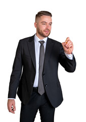 Businessman with pen drawing on a glass screen, isolated over white background