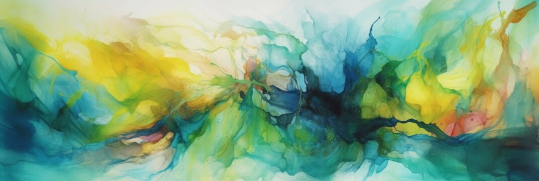 초록, 노랑, 하얀색 조합 수채화 그림. AI 생성.
