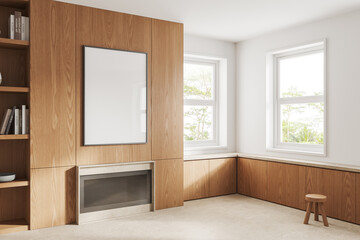 Fototapeta premium White and wooden living room with fireplace and poster