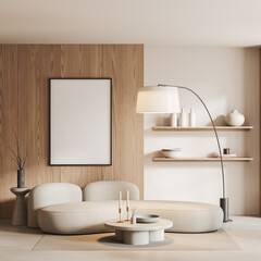Fototapeta na wymiar Cozy lounge zone interior couch and shelf with decoration, mock up frame