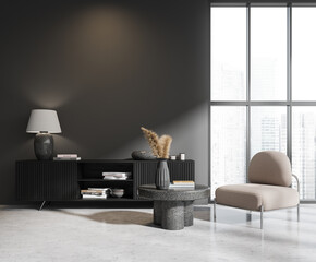 Gray living room interior with dresser and armchair