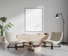 White living room with armchairs and poster