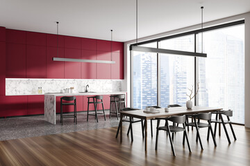 Modern kitchen interior with eating and cooking zone with bar island, window