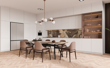 Cozy kitchen interior with cooking and eating corner with refrigerator