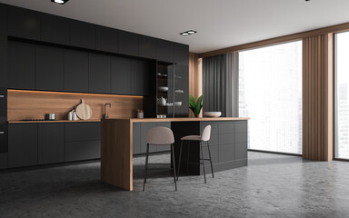 Gray and wooden kitchen corner with bar