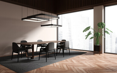 Beige and wooden dining room corner with window