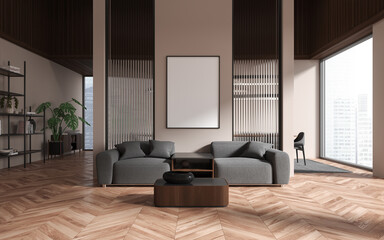 Modern relax room interior armchairs and panoramic window. Mockup frame