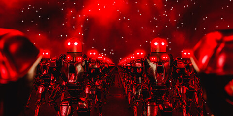 Spooky robots with glowing red neon eyes. Robots have turned against humans 3d render