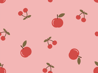 Seamless pattern of apple and cherries fruit with green leaves on pink background vector.