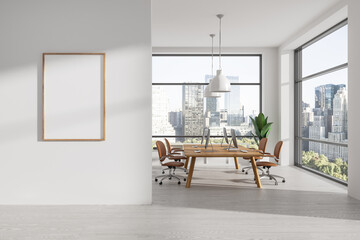 Light business interior with pc computers and panoramic window. Mockup frame