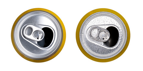 Aluminum can with drops and without, isolated on a white background. Top view. Beverages. Package.