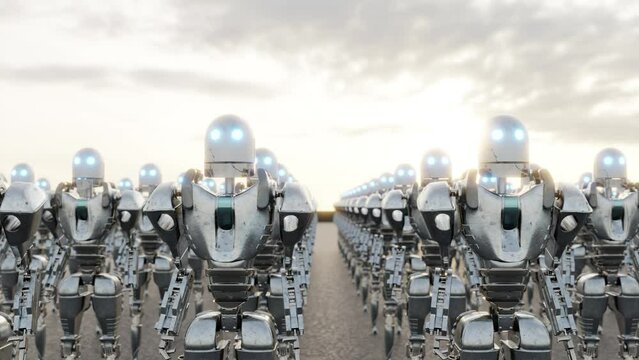 3d animation loop of rows of similar cyborgs standing together