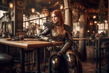 Fototapeta na wymiar young woman with beautiful black gothic armor, medieval inn background. generative AI