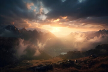 Naklejka premium Beautiful valley in Northern mountains at sunset. Digitally generated AI image