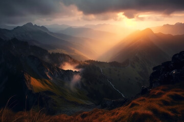 Naklejka na ściany i meble Beautiful valley in Northern mountains at sunset. Digitally generated AI image
