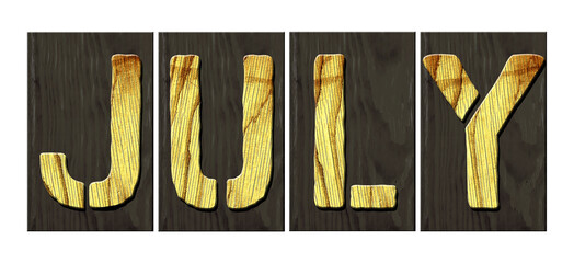 July. Word from wooden letters. Isolated on white background. Months of the year. Design element.