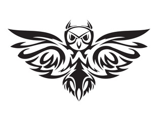 Minimal Black and White Hand-Drawn Owl abstract art. Flying Owl Logo Mascot with Open Wings and Claws in Sport Style. Isolated Illustration of a Wild Bird Design and Tattoo of bird graphics 
