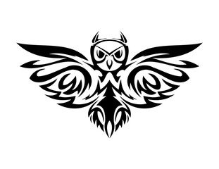 Obraz premium Transparent Owl tattoo Minimal Black and White Hand-Drawn Owl abstract art. Flying Owl Logo Mascot with Open Wings and Claws in Sport Style. Wild Bird Design and Tattoo of bird graphics 