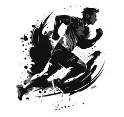 Full Profile View of a Strong Rugby Player Grunge Silhouette Tattoo, On a White Background with Abstract Art of a Running Athlete. Perfect for Sports, Motion, Helth and other Graphic Design Projects