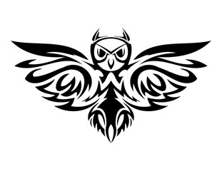 Obraz premium Editable Minimal Black and White Hand-Drawn Owl abstract art. Flying Owl Logo Mascot with Open Wings and Claws in Sport Style. Isolated Illustration of a Wild Bird Design and Tattoo of bird graphics