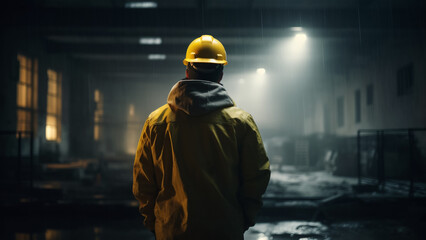 engineer in a yellow vest and hardhat overlooking the construction site