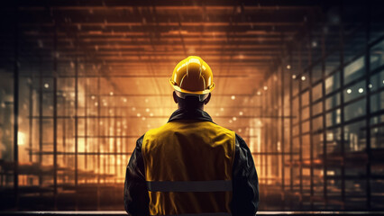 engineer in a yellow vest and hardhat overlooking the construction site