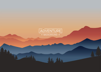 Adventure mountains sunset background with red light reflection.
Background illustration.