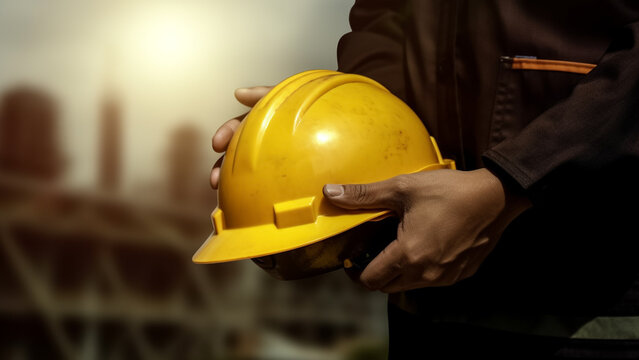 The hand or arm of the engineer holds a yellow plastic helmet for a worker. Labor day concept