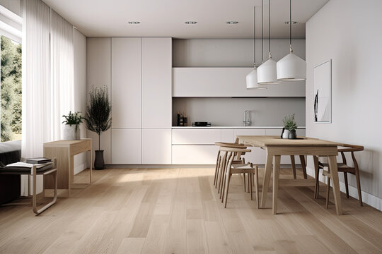 Light kitchen with a blank white poster, oak hardwood floor, dining table, sink, and walls. minimalism. Originality. mockup, generative AI