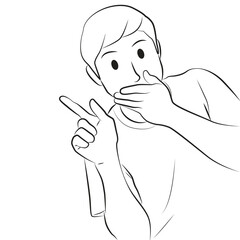Man gesture point finger with close mouth cheerful emotion pose line cartoon illustration