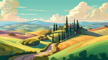 Fotobehang Illustration with a beautiful view of the hills of Tuscany, Italy © Aleh Varanishcha