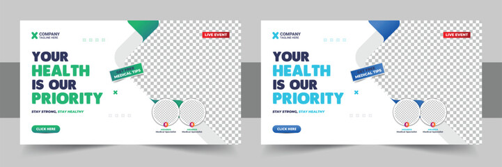 Medical healthcare video thumbnail or web banner video thumbnail, Medical healthcare video thumbnail and Dental hospital and clinic social media cover photo, Editable promotion banner design