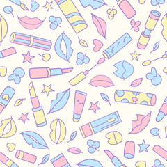 Lips and lipstick. Vector seamless pattern with lips, lipstick, hearts and stars.